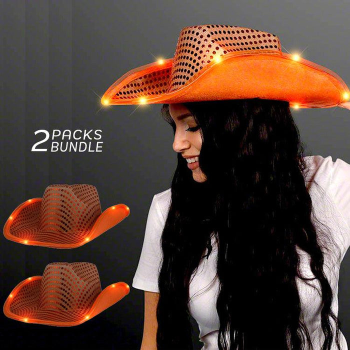 LED Flashing Cowboy Hat With Sequins (Orange Color, 2 Quantity Per Pack) - Glow-Paradise