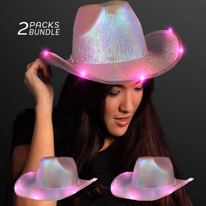 Neon Sparkly Iridescent Space Glitter Cowboy Hat (Pink Color, 2 Quantity Per Pack) - Glow-Paradise