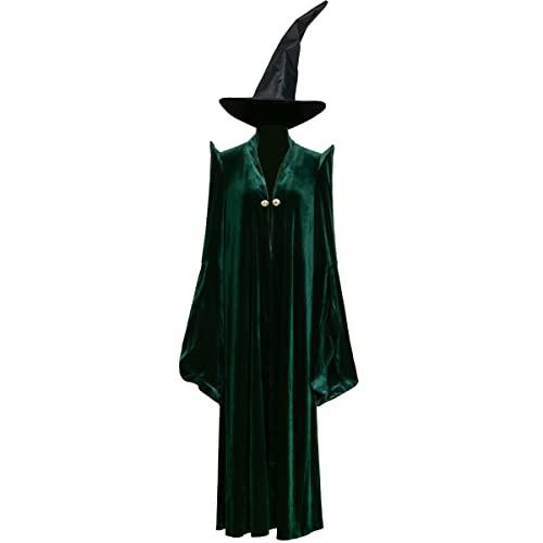 Professor Mcgonagall Costume Adult Women’s Green Velvet Cloak Cape Robe Black Witch Hat Halloween Party Accessory - Glow-Paradise