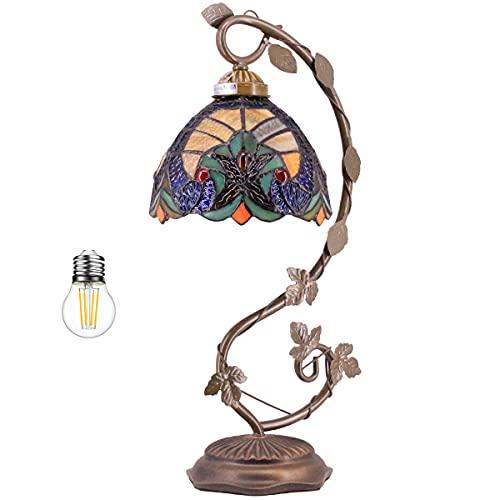 WERFACTORY Tiffany Lamp Yellow Liaison Stained Glass Bedside Table Lamp Desk Reading Light with Thin Metal Leaf Base 8X10X21 Inches Decor Small Space Bedroom Home Office LED Bulb Included S160E Series - Glow-Paradise