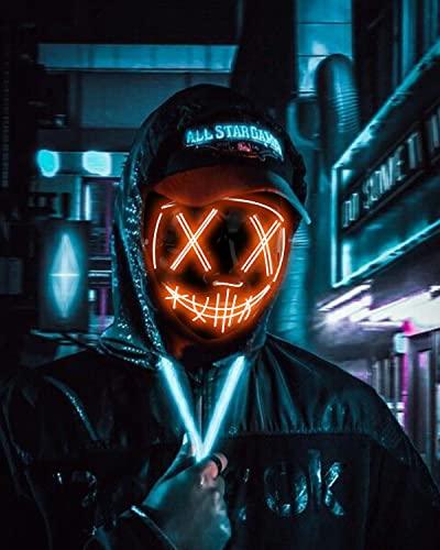 Depointer Halloween Scary Mask Cosplay Led Costume Mask EL Wire Light up Halloween Festival Party(Orange) - Glow-Paradise