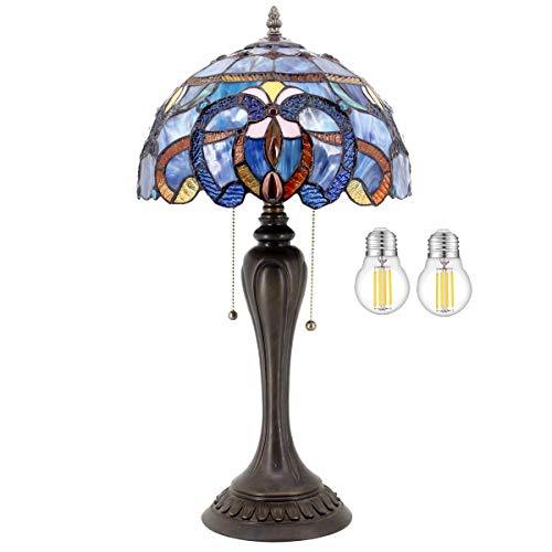 WERFACTORY Tiffany Style Table Lamp Blue Purple Cloud Stained Glass Bedside Antique Luxurious Desk Reading Light 12X12X22 Inches Decor Bedroom Living Room Home Office (LED Bulb Included) S558 Series - Glow-Paradise