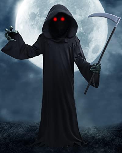 Halloween Grim Reaper Costume Kids Adult with Red Glowing Eyes and Scythe, Scary Halloween Phantom Costumes for Women Men Adults Death Costume - Glow-Paradise