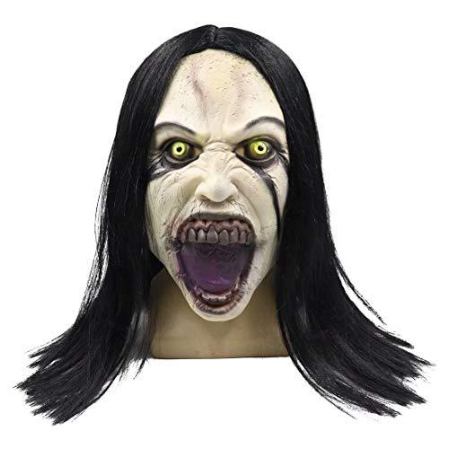 Horror Crying Woman Mask with Wigs, Latex Creepy Scary Evil Female Ghost Devil Full Head Mask Halloween Cosplay Props - Glow-Paradise