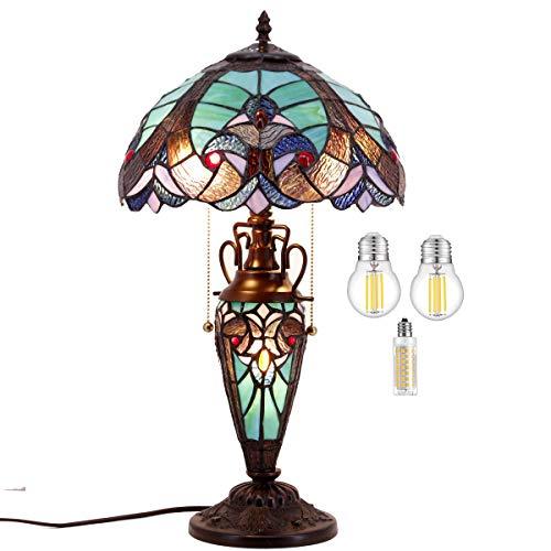 WERFACTORY Tiffany Style Table Lamp Green Stained Glass Liaison Lamp 12X12X22 Inches Mother-Daughter Vase Desk Reading Light Decor Bedroom Living Room Home Office (LED Bulb Included) S160G Series - Glow-Paradise