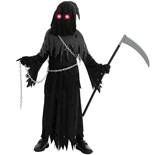 Child Unisex Glowing Eyes Reaper Costume for Creepy Phantom Halloween Costume (Medium (8-10 yr)) - Glow-Paradise