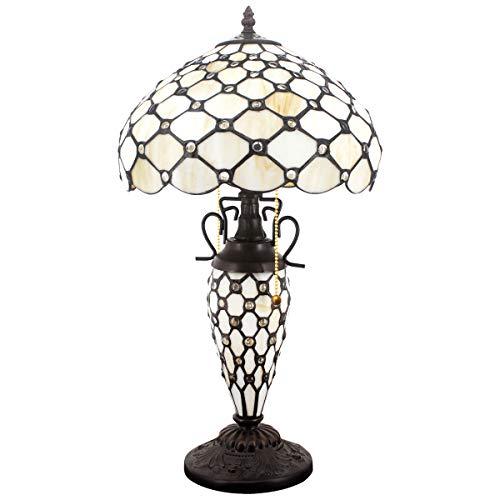 WERFACTORY Tiffany Style Table Lamp Cream Stained Glass Crystal Bead Lamp 12X12X22 Inches Mother-Daughter Vase Desk Reading Light Decor Bedroom Living Room Home Office (LED Bulb Included) S005 Series - Glow-Paradise