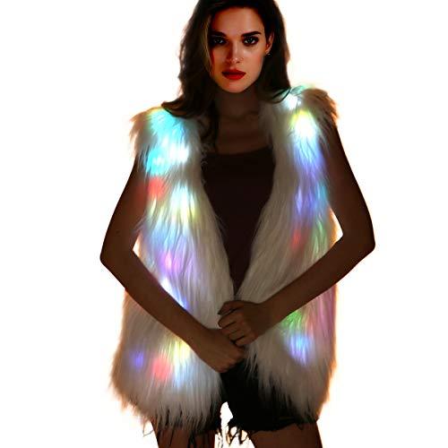 Led Coat Jacket - Women-Light-Up-Vest Furry-Faux-Fur-Waistcoat Glowing White Fuzzy Burning Man Costumes, Rave Wear Clothes Festival Outfit (LED Vest -Medium) - Glow-Paradise