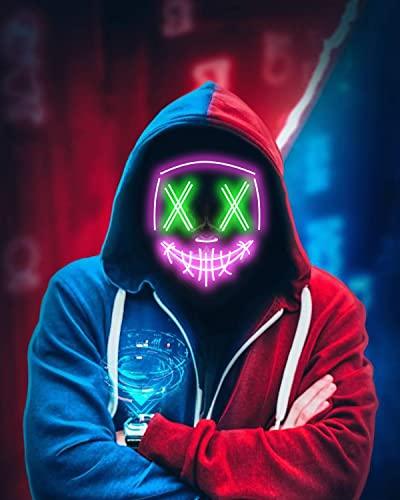 Depointer Halloween Scary Mask Cosplay Led Costume Mask EL Wire Light up Halloween Festival Party, Pink/Green - Glow-Paradise