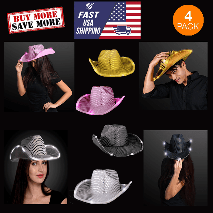 LED Flashing Cowboy Hat With Sequins (Assorted Colors, 4 Quantity Per Pack) - Glow-Paradise