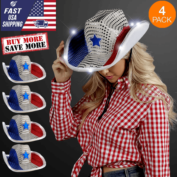 LED Light Up Tri-Color Cowboy Hat With Sequins (White Red Blue, 4 Quantity Per Pack) - Glow-Paradise
