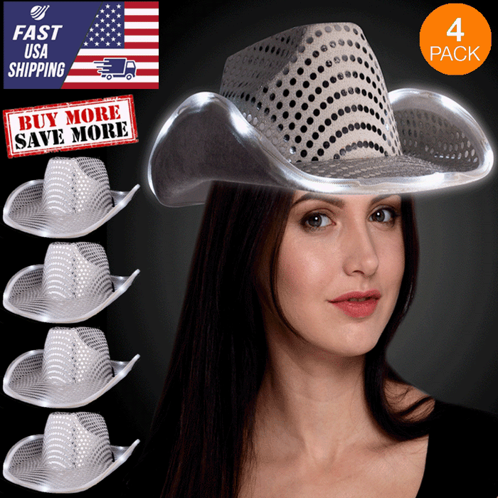 LED Flashing Cowboy Hat With Sequins (White Color, 4 Quantity Per Pack) - Glow-Paradise