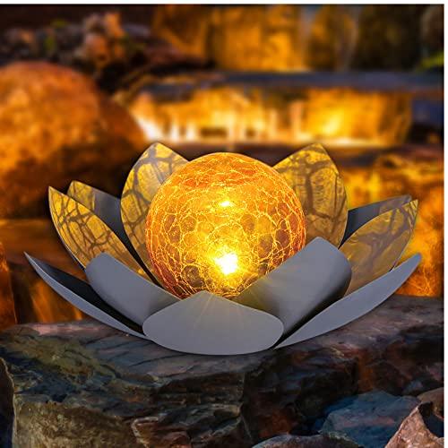 Huaxu Solar Lights Outdoor Garden Decor , Amber Crackle Globe Glass Lotus Decoration,Waterproof Gray Metal Flower Light for Patio,Lawn,Walkway,Tabletop,Ground - Glow-Paradise