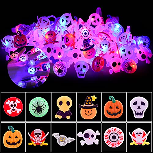 Auney 50 Packs Halloween LED Light Up Rings for Kids, Glow in The Dark Party Supplies Halloween Light up Toys Treat Bag Fillers - Glow-Paradise