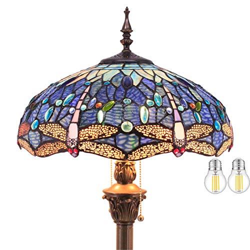 WERFACTORY Tiffany Floor Lamp Dragonfly Blue Stained Glass Standing Reading Light 16X16X64 Inches Antique Pole Corner Lamp Decor Bedroom Living Room Home Office (LED Bulb Included) S631 Series - Glow-Paradise