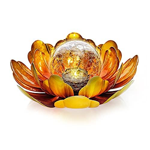 Gold Solar Flower Light Outdoor Decorations,Garden Glow Solar Lights with Metal Petal Waterproof,Glass Crackle Solar Powered Ball Decor Light for Tabletop,Ground,Walkway Yard - Glow-Paradise