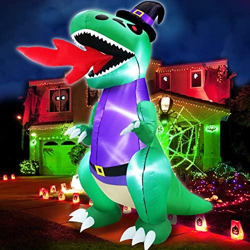 TURNMEON 8 Ft Halloween Inflatables Fire-Breathing Dinosaur with Witch Hat LED Lights Halloween Blow Up Halloween Decorations Outdoor Yard Lawn Garden Home Party Decor - Glow-Paradise
