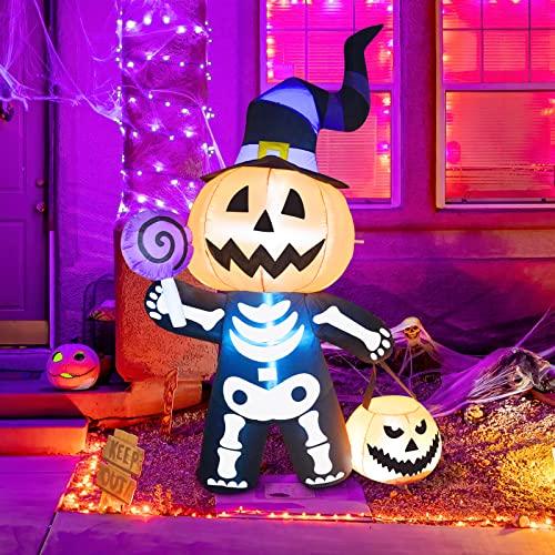 GOOSH 6 FT Height Halloween Inflatable Outdoor Pumpkin with Skull Body, Blow Up Yard Decoration Clearance with LED Lights Built-in for Holiday/Party/Yard/Garden - Glow-Paradise