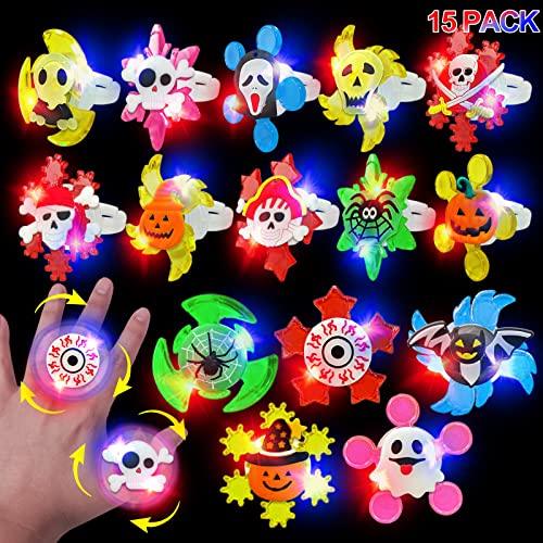 Halloween Party Favors for Kids-15 Pack Halloween LED Light Up Spin Rings Fidget Toys Halloween Gifts Glow in The Dark Party Supplies Pumpkin Ghost Skeleton Bat Spider Flash Finger Gift Bag Filler - Glow-Paradise