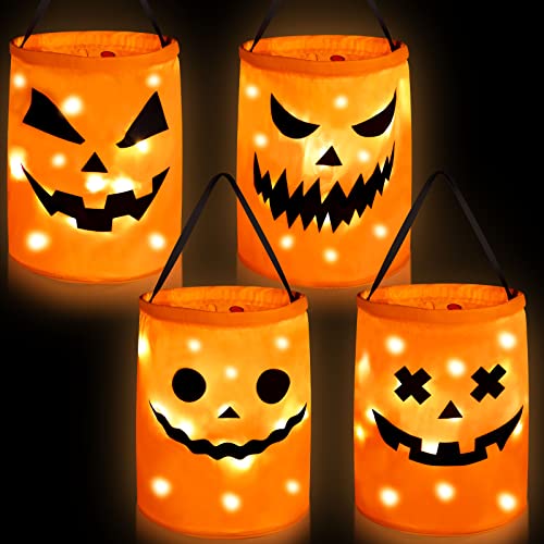 4 Pieces LED Light Halloween Candy Bags Light up Halloween Party Bags Pumpkin Large Halloween Treat Bags Multipurpose Portable Collapsible Reusable Halloween Bags for Trick or Treating (Scary Style) - Glow-Paradise