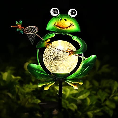 Garden Solar Lights Outdoor Decorations, Waterproof Frog Crackle Glass Globe Metal Garden Stake Lights, Solar Powered Warm White LED Light for Halloween Christmas Pathway Lawn Patio Yard Decor - Glow-Paradise