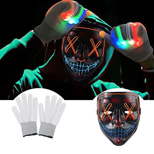 Halloween Scary Mask with LED Gloves Kit, LED Costume Mask EL Wire Light Up Mask for Halloween Costume Festival Cosplay (Blue&Orange) - Glow-Paradise
