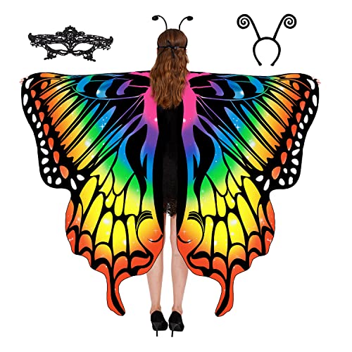Butterfly Wings Costume Adult Women - Halloween Cape with Antenna Headband and Lace Mask - Glow-Paradise