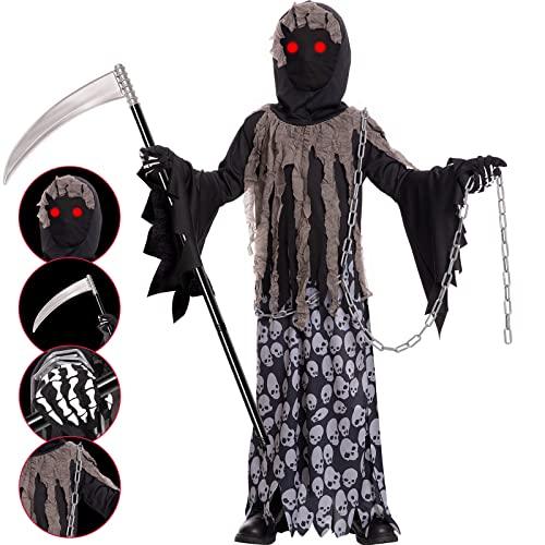 Grim Reaper Costume for Kids Phantom Halloween Costume with Creepy Red Glowing Eyes, Skull Gloves Scythe included - Glow-Paradise