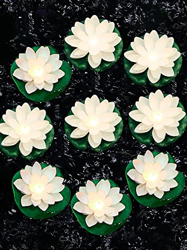 9 Pack Floating Pool Lights Lotus Flower Lantern Artificial Foam LED Lifelike Pool Lights Battery Operated Pool Lantern Pond Decoration Candles Pad (White, Yellow Light, 3.94 Inch) - Glow-Paradise