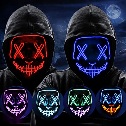 2 Packs Led Light Up Halloween Cosplay Face Mask, Glow Purge Neon Adults Scary Masked Women & Men Masquerade Party Costumes Accessories Blue & Red - Glow-Paradise