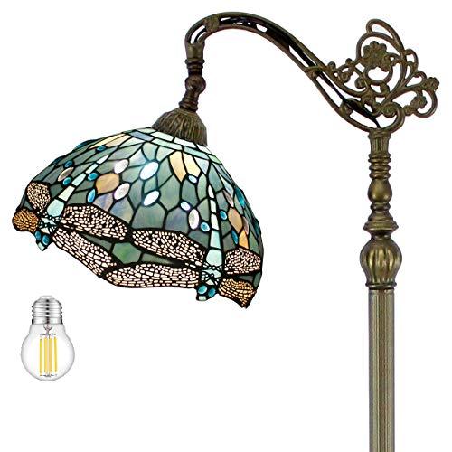 WERFACTORY Tiffany Floor Lamp Sea Blue Stained Glass Dragonfly Arched Lamp 12X18X64 Inches Gooseneck Adjustable Corner Standing Reading Light Decor Bedroom Living Room (LED Bulb Included) S147 Series - Glow-Paradise