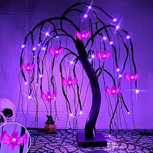 TURNMEON 24 Inch 32 LED Halloween Willow Tree Decorations with Timer DIY 8 Bats Purple Lights Battery Operated Artificial Black Spooky Tree Tabletop Indoor Home Party Holiday Halloween Decor - Glow-Paradise