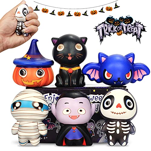 6 Packs-Halloween Squishies Toys Slow Rising, Gift Box Includes Ghost: Vampire,Pumpkin,Skull,Black Cat,Mummy,Bat, Halloween Soft Stress Relief Sensory Toys for Girls,Boys,Kids Party - Glow-Paradise