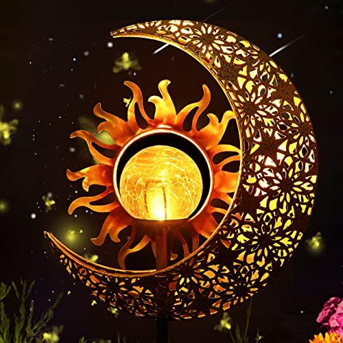 LICKLIP Garden Solar Lights Outdoor Decorative, Sun & Moon Crackle Glass Globe Metal Stake Light, Waterproof Warm White LED Light, Decorations for Pathway Lawn Patio Courtyard Backyard (1 Pack) - Glow-Paradise