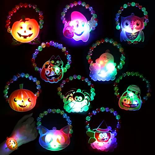 CCINEE 10pcs Halloween Led Bracelets, Light Up Toys Beaded Flashing for Non Candy Treats Halloween Party Favors Halloween Toys Kids Goody Bag Fillers Glow in the Dark Party Supplies(10 Styles) - Glow-Paradise