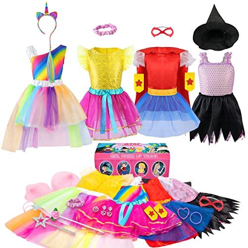 Girls Dress up Trunk Princess Set, Jeowoqao 24 PCS Pretend Play Costume Set, Fairytale, Supergirl, Princess, Rainbow Unicorn Costume for Toddler/Little Girls Ages 3-5yrs - Glow-Paradise
