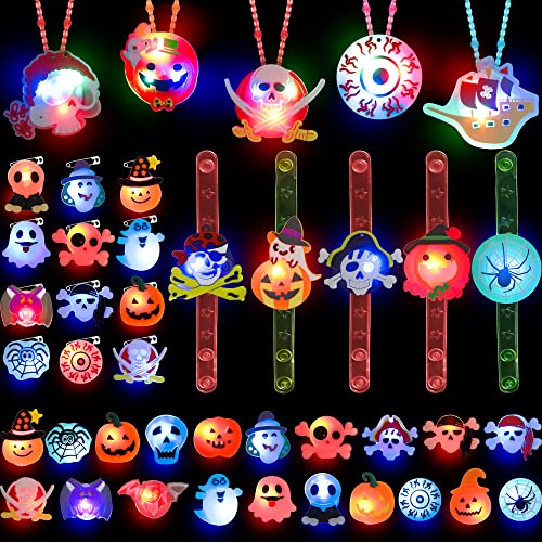 62 PCS Halloween Party Favors Toys for Kids Light Up Halloween Led Rings Necklaces Bracelets Brooch - Glow in the Dark Party Supplies Halloween Goodie Bag Fillers, Non Candy Halloween Treats Halloween Prizes for Kids - Glow-Paradise