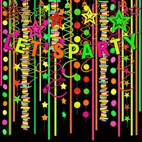 502 Feet Paper Neon Garland Streamers Let's Party Banner UV Black Lights Glow in The Dark Party Supplies Decorations Reactive Fluorescent Blacklight Party Wedding Birthday Neon Party Favors - Glow-Paradise