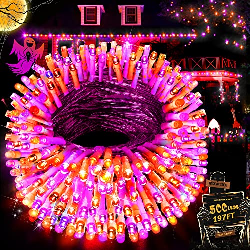 197FT Orange Purple Halloween Lights Outdoor, 500LEDs Plug-in Fairy String Light with 8 Lighting Modes & Timer Waterproof for Home Garden Yard Xmas Holiday Party Thanksgiving Festival Decoration - Glow-Paradise
