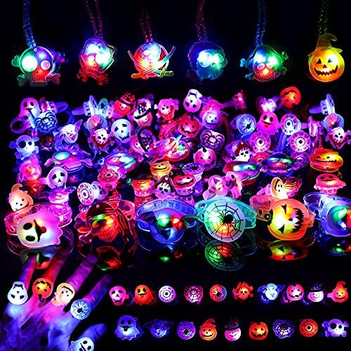 Halloween Party Favors Kids Toys - 82 PCS Halloween Glow In The Dark Party Supplies, 50 Rings + 20 Brooches + 6 LED Necklaces + 6 Flash Bracelets, Halloween Goodie Bag Fillers Kids Party Decorations - Glow-Paradise
