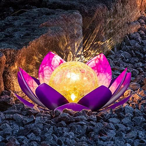 Solar Light Outdoor(2Pack), Art Crackle Globe Glass Lotus Decoration, Solar LED Waterproof Purple Metal Flower Lights for Patio,Lawn,Walkway,Tabletop - Glow-Paradise