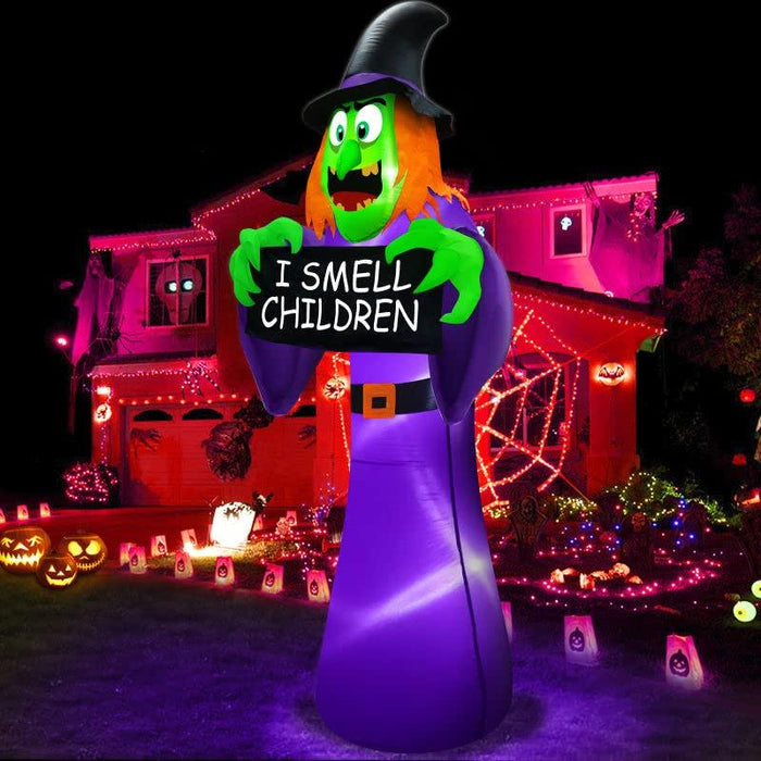 TURNMEON 8 Ft Giant Halloween Inflatables Witch Outdoor Decorations, Scary Witch Holds I Smell Children Banner LED Lights Blow Up Yard Halloween Decor Garden Lawn Holiday Party Home with Stakes Tether - Glow-Paradise