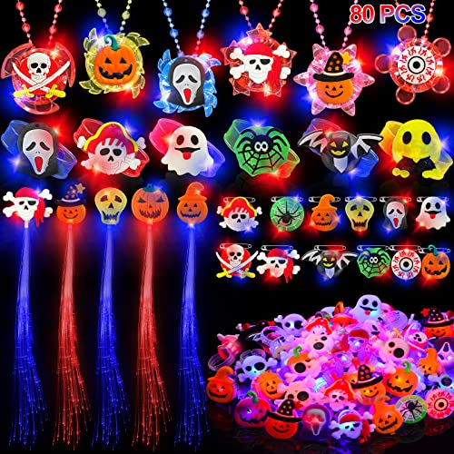 80 Pcs LED Halloween Party Favors for Kids Adults, Glow in the Dark Halloween Party Supplies Halloween Treats Goodies Bag 50 Flash Rings 6 Light up Spin Necklaces 6 Bracelets 6 Hair Lights 12 Brooches - Glow-Paradise