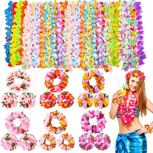 Garma Hawaiian Leis, 72Pcs Luau Party Supplies Including 36Pcs Necklace, 12Pcs Headbands and 24Pcs Wristbands, Tropical Themed Party Favors Flower Leis Beach Party Decoration for Summer Vacation, Birthday, Wedding - Glow-Paradise