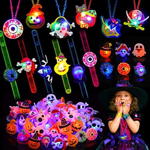 YUJUN 68PCS Halloween Light up Toys,Halloween Party Favors Flashing Ring Bracelets Necklace Trinkets Glow in The Dark LED Finger Lights for Kids Halloween Treats Games Gifts Prizes Non Candy Goodie Bag Fillers (4 Style) - Glow-Paradise