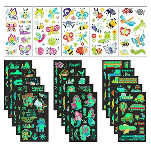 Luminous Temporary Tattoos for Kids, 224pcs Mixed Style Patterns Fake Funny Cute Waterproof Cartoon Tattoo with Mermaid, Pirate, Insect, Traffic Car for Kids Boys Girls Party Supplies Favor (20 Sheets) - Glow-Paradise