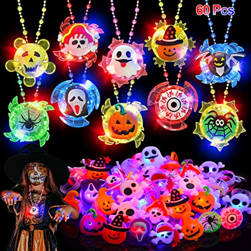 60PCS Halloween Party Favors for Kids, 50 LED Flash Rings & 10 Light Up Necklaces Fidget Toys Halloween Toys Gifts Ghost Pumpkin Glow in the Dark Party Supplies Halloween Treat Goodie Bag Fillers - Glow-Paradise