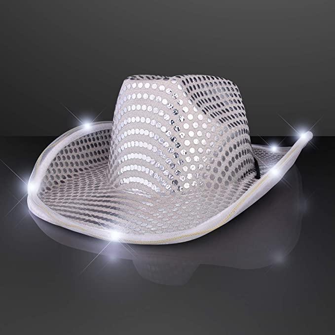 LED Flashing Cowboy Hat With Sequins (Silver Color, 1 Quantity Per Pack) - Glow-Paradise