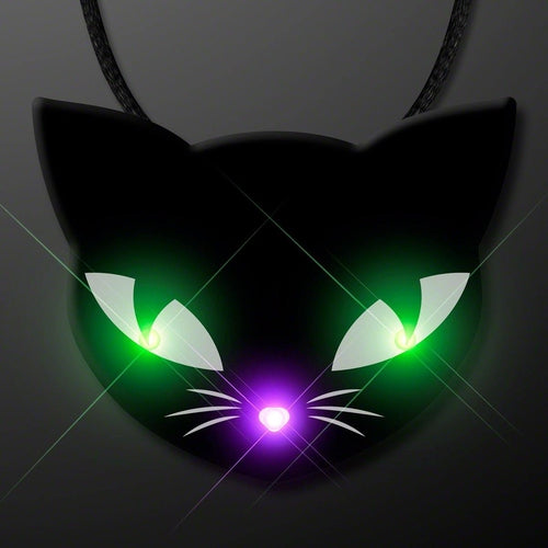 Black Kitty Cat Glowing Green Spooky Halloween Eyes Flashing Blinky Light Necklace (1 Per Pack) - Glow-Paradise