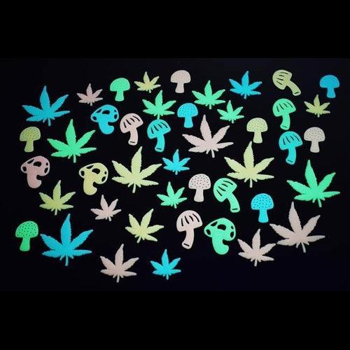 Glow in the Dark Multicolor Marijuana Weed Pot Leafs and Mushrooms (48 Stickers Per Pack) - Glow-Paradise